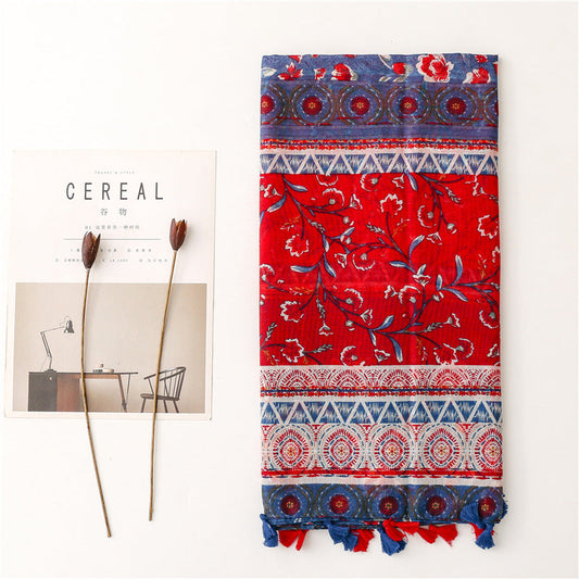 Ethnic Style Soft Cotton Hemp Handle Scarf Red Blue Small Broken Flower Decoration Sunscreen Shawl Silk Scarf Woman