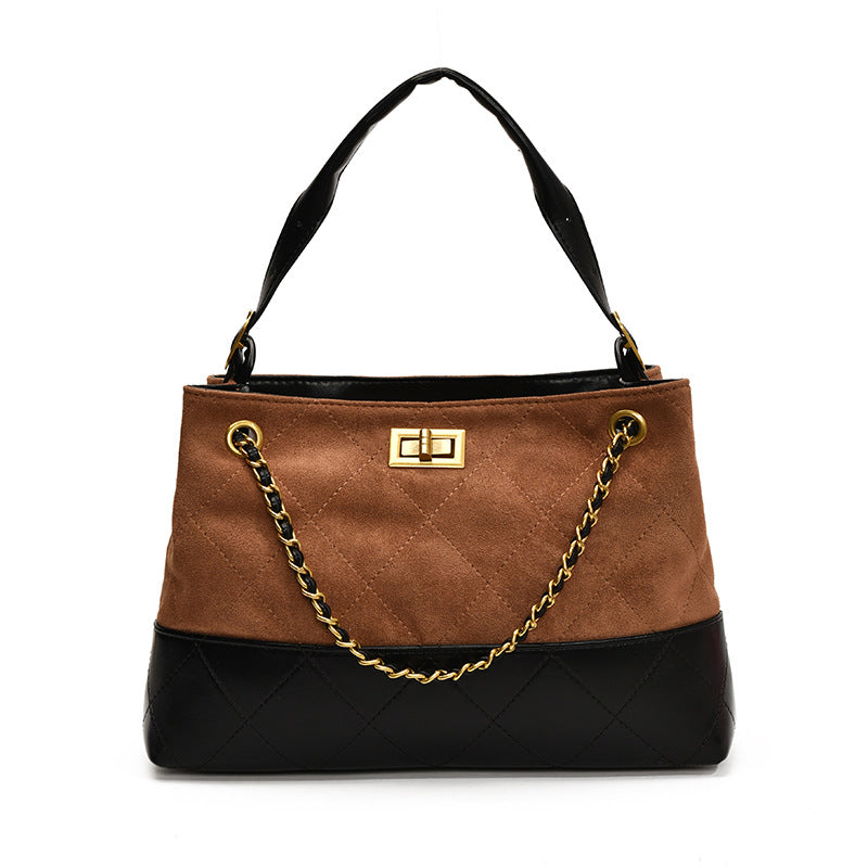 Large Capacity Color Block Retro Suede Shoulder Bag