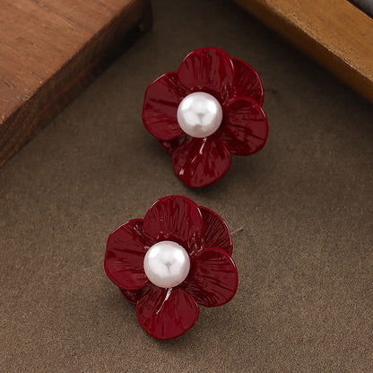 Chic Klein Blue Floral Pearl Earrings With Silver Pins