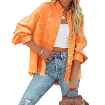 Vintage Lapel Collar Ripped Frayed Denim Jacket