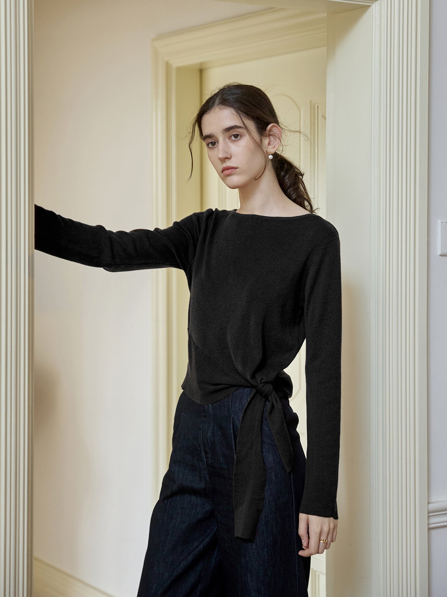 Asymmetrical Waist Tie Knit Top Elegant Casual Long Sleeve