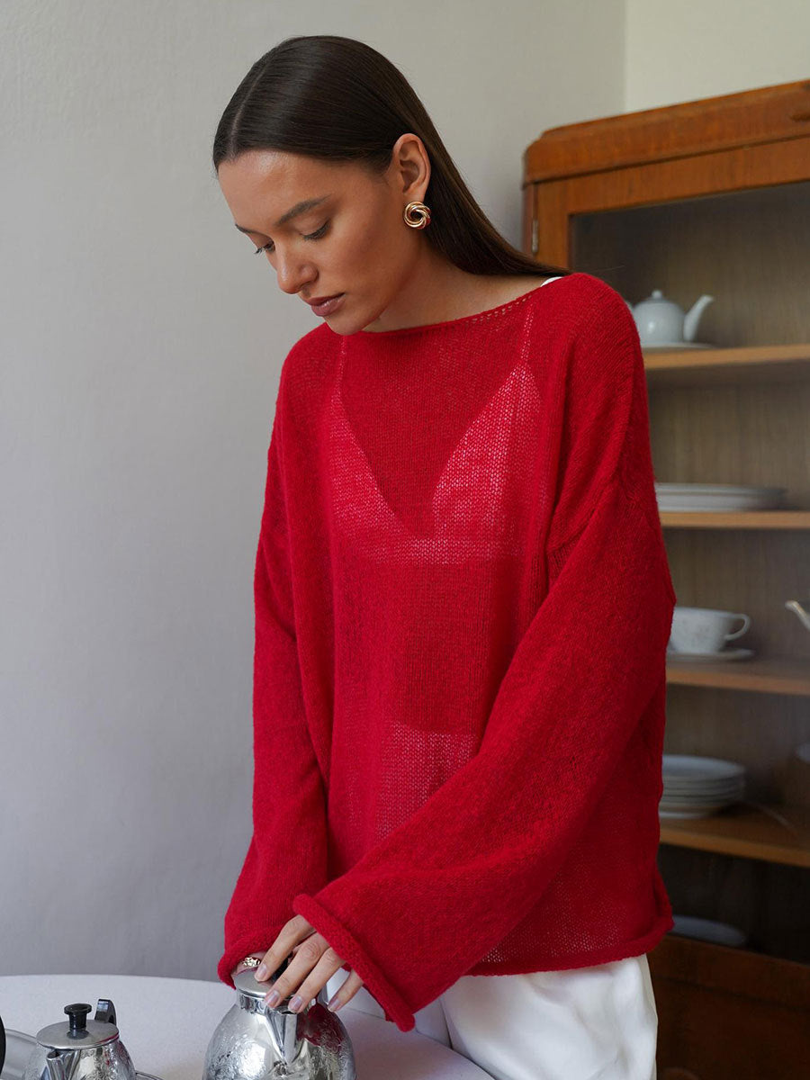 Hollow Knit T-Shirt with Bell Sleeves for Women