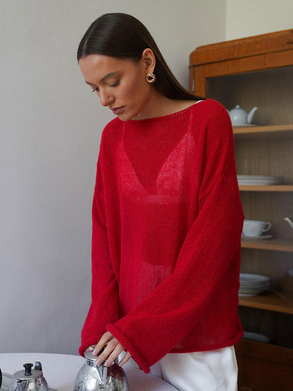 Hollow Knit T-Shirt with Bell Sleeves for Women