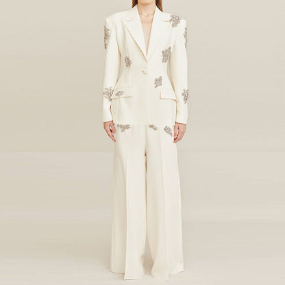 Beaded Blazer and Wide-Leg Pants Set