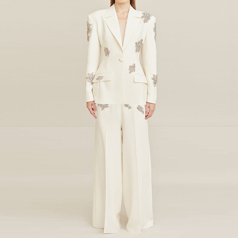 Trendy Elegant Pearl Beaded Blazer & Wide Leg Pants Set