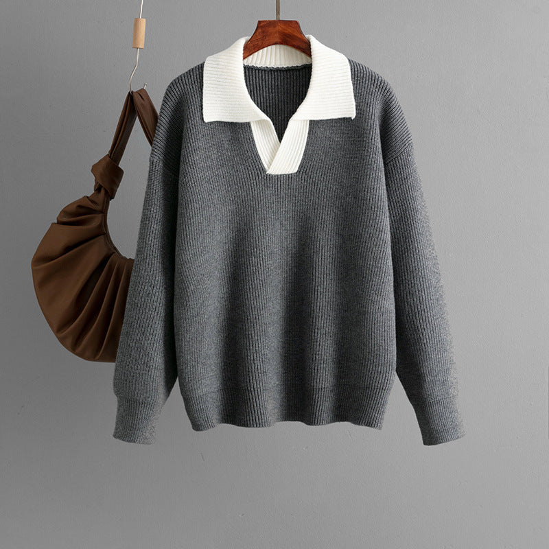 Knit Polo Collar Color Block Pullover Sweater