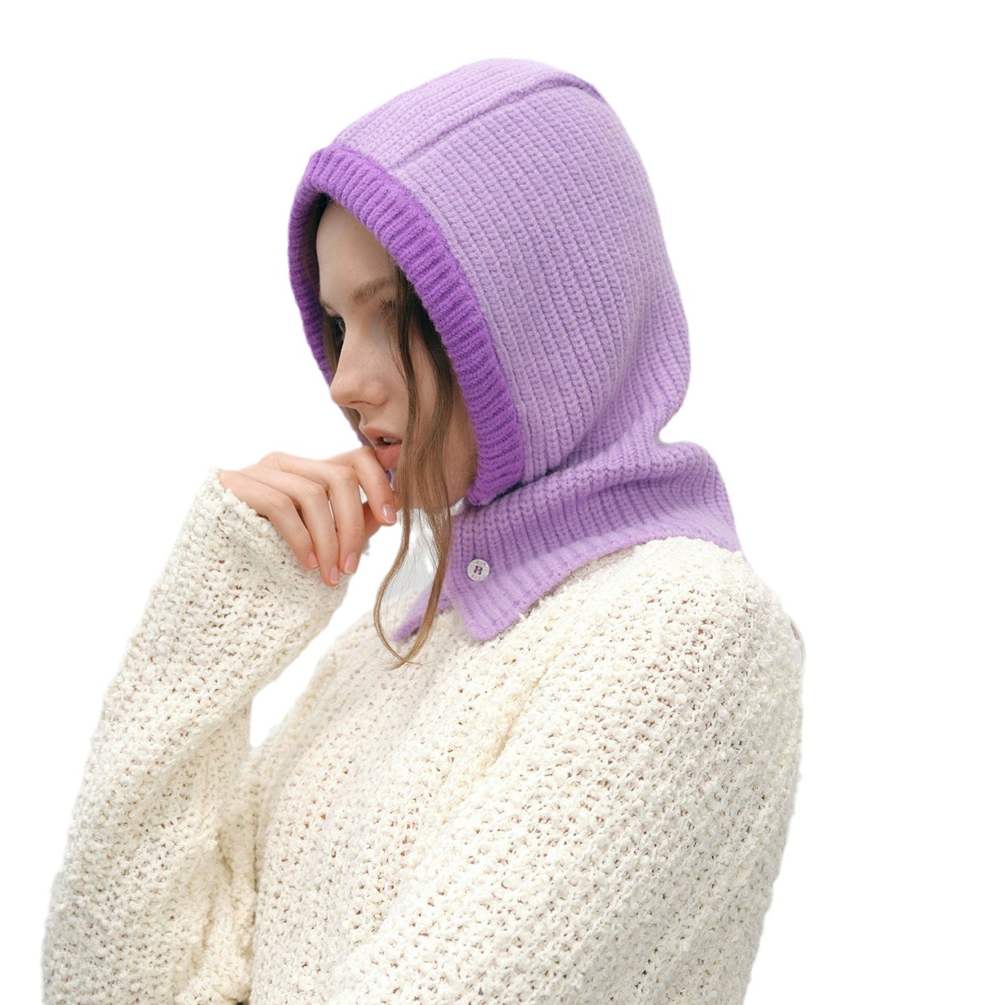 Simple Color Block Button Down Knit Hat Scarve