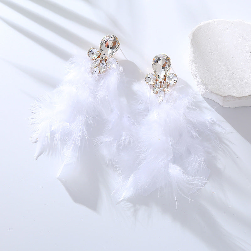 Feather Long Earrings with Rhinestones Stylish Geometry Design