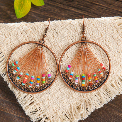 Bohemian Handcrafted Wire Earrings Colorful Thread Weaving Statement Dangle Earrings