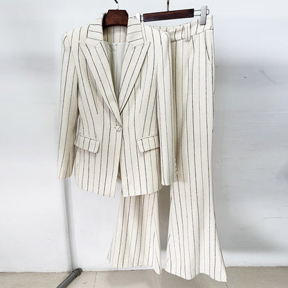 Fashionable Striped Blazer And Pants Set - All-Season Ensemble