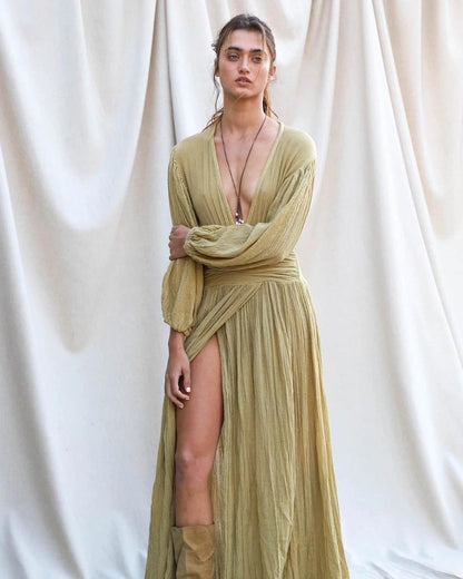 Stylish Balloon Sleeves Cotton Hemp Resort V-Neck Split Dress