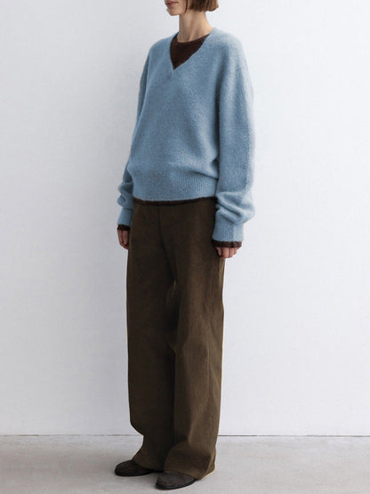V-Neck Warm Knit Sweater with Rabbit Hair for Casual Elegance