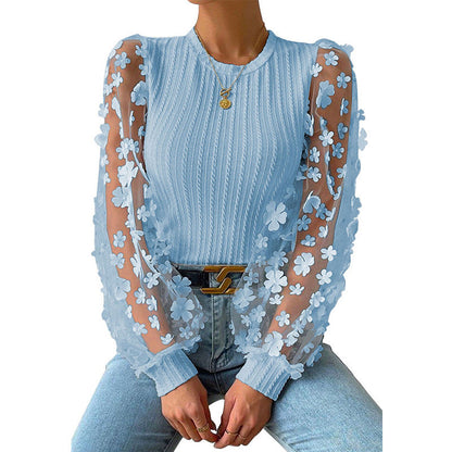 Women'S Mesh Small Flower Chiffon Shirt, Women'S Spring/Summer Round Neck Slimming Pullover Long Sleeved Top