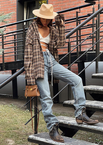 Oversized Cotton Plaid Button Up Shirt Brown