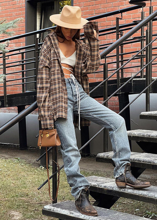 Oversized Cotton Plaid Button Up Shirt Brown