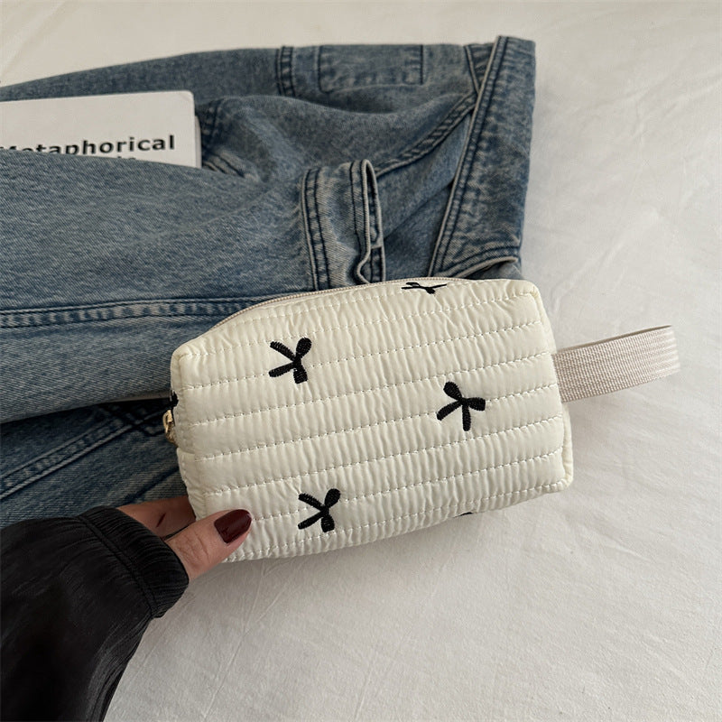 Cute Bow Embroidery Portable Puffer Cosmetic Bag