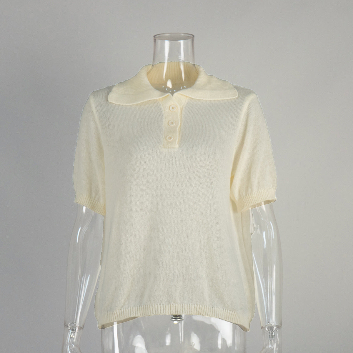 Knitted Polo Short Sleeve Sweater With Puff Sleeves