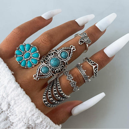 Bohemian Style Carved Feather Turquoise Ring Set