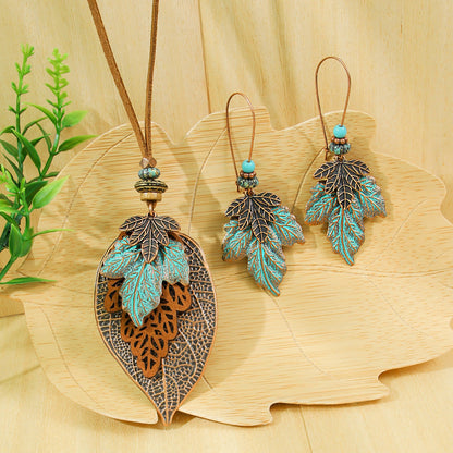 Bohemian Vintage Leaf Earrings With Dragonfly & Butterfly Zinc Alloy Sweater Necklace