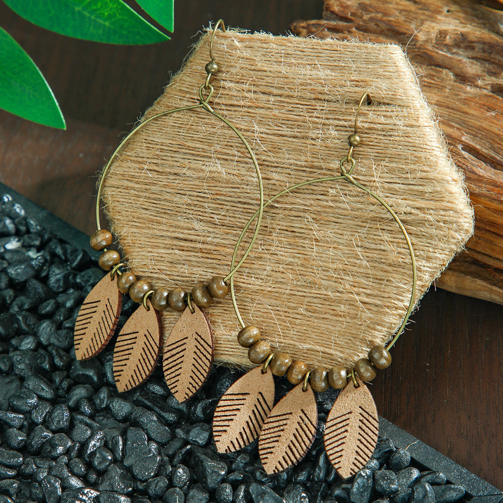 Bohemian Leaf Tassel Earrings Metal Leather Drop Dangle