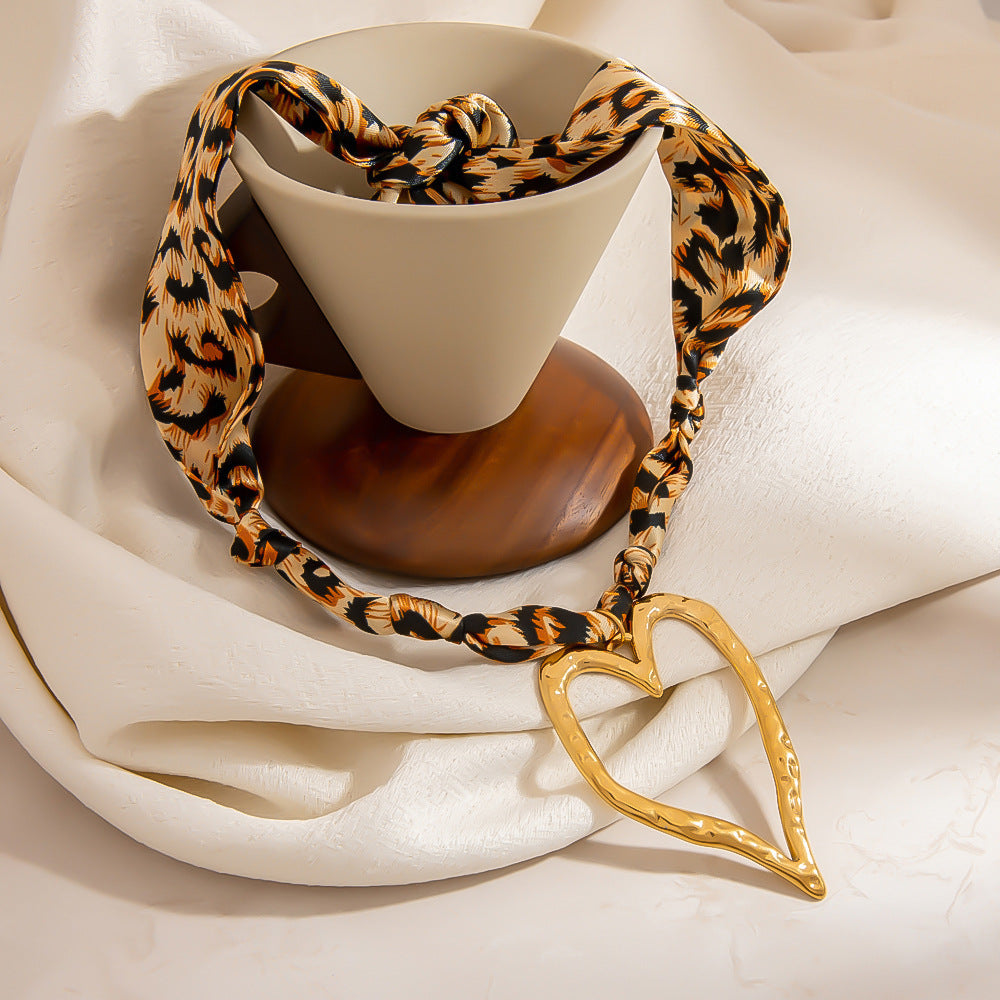 Heart Shaped Pendant Silk Scarf Necklace in 18K Gold Plated Stainless Steel