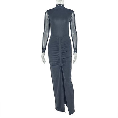 Fashionable Slim Fit High Neck Mesh Long Sleeve Bodycon Dress