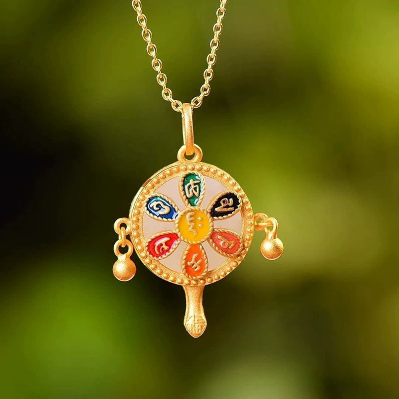 Ancient Gold Enamel Color Burned Blue And White Jade Six Characters Mantra Blessing Pendant Court Retro Women'S Accessories