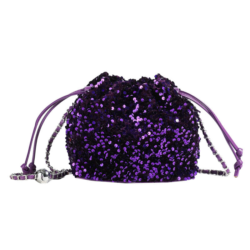 Elegant Floral Embroidered Sequin Mesh Color Block Bucket Bag