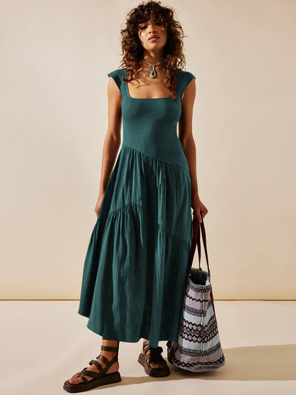 French Style Elegant A-Line Maxi Dress With U-Neck Design