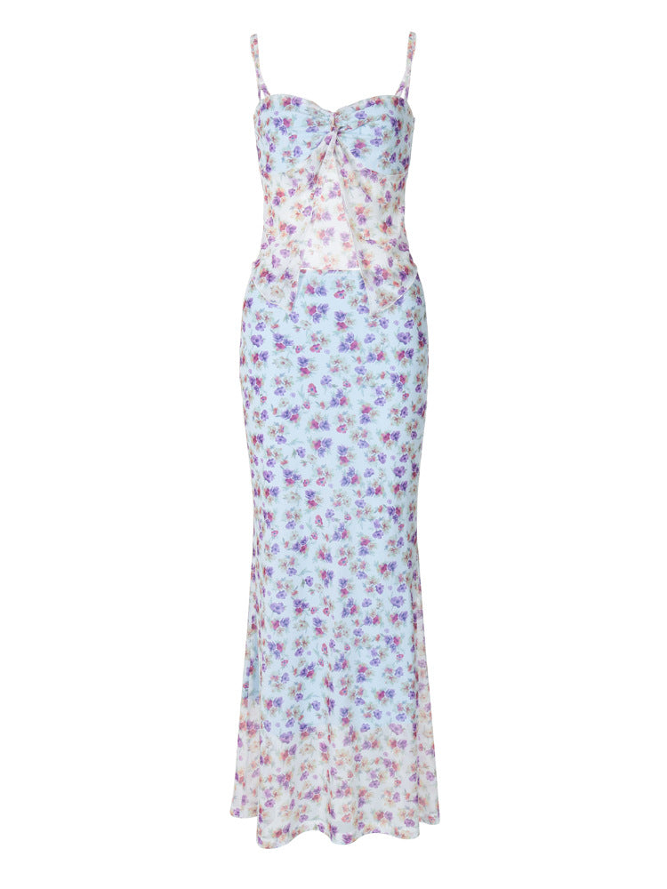 Sexy Floral Mesh Layered Cami Midi Dress Set