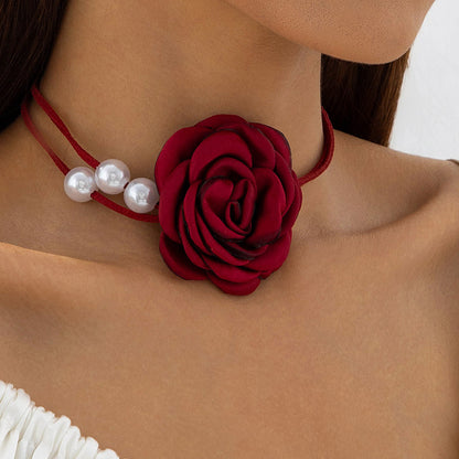 Elegant Rose Camellia Fringe Necklace With Pearl Pendant For Couples