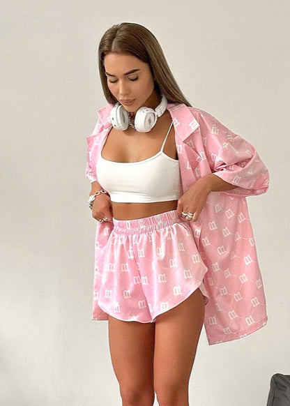 Satin Two Piece Lounge Set With Monogram Print