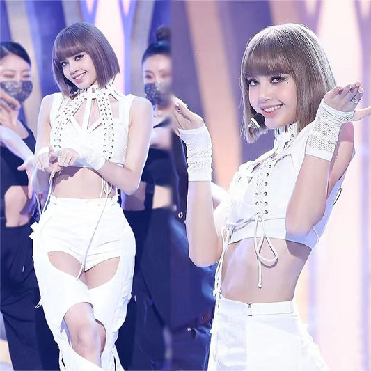 White Hollow Lace-Up Cropped Top And Denim Pants Set