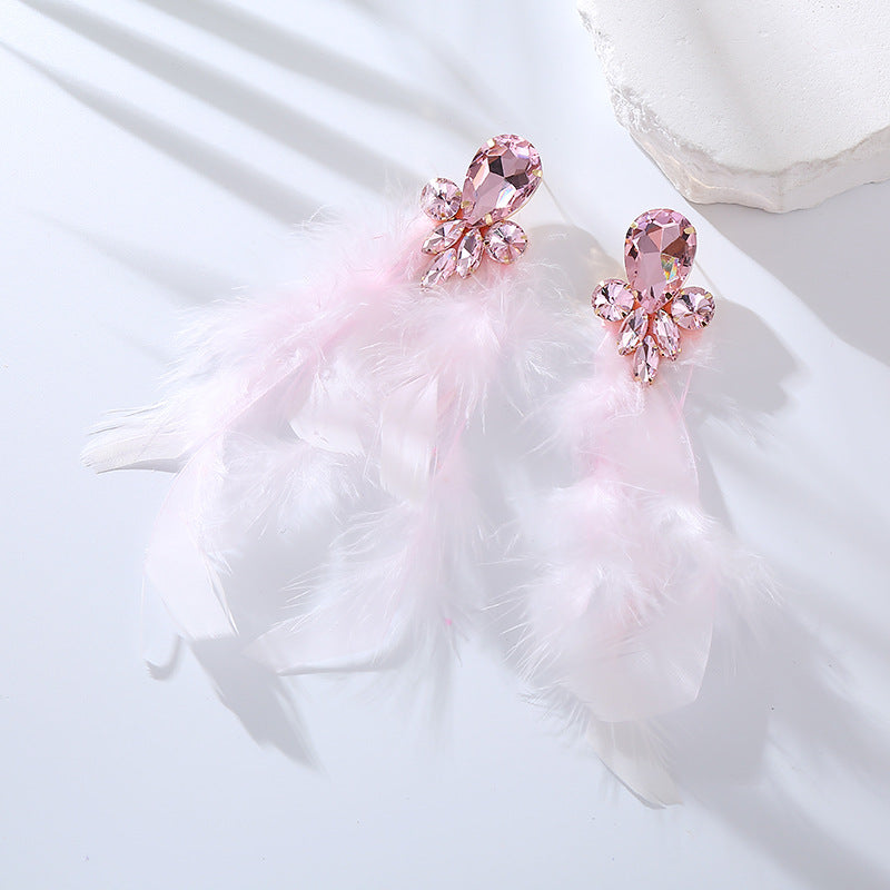 Feather Long Earrings with Rhinestones Stylish Geometry Design