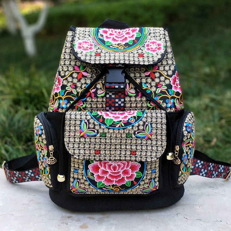 New Embroidery Bag Ethnic Style Bag Women'S Large Capacity Canvas Backpack Travel Bag Fabric Art