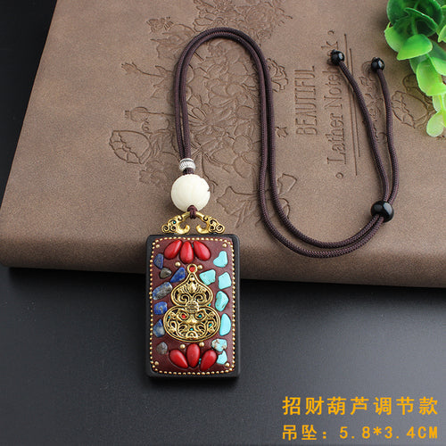 Vintage Ebony Nepal Pendant Fortune Transfer Necklace Long Versatile Ethnic Style Peace Card Pendant Necklace
