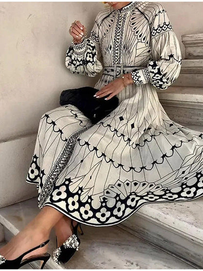 Elegant Floral Print Long Sleeve Maxi Dress