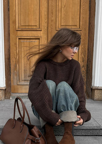 Chunky Knit Pullover Sweater Dark Brown