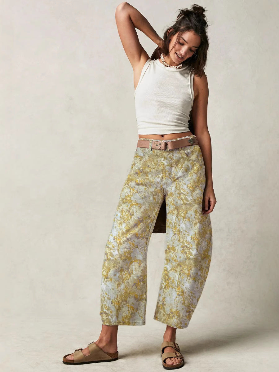 Casual Loose Mid-Rise Women's Denim Pants with Cartoon Patterns