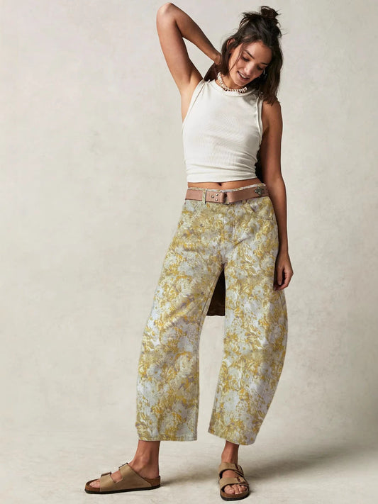 Casual Loose Mid-Rise Women's Denim Pants with Cartoon Patterns