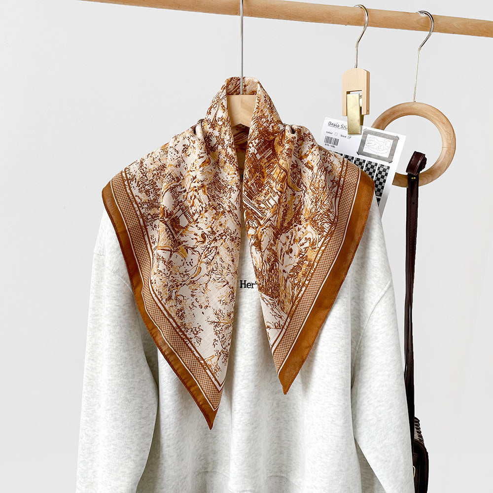 Splicing Print Vintage Square Silk Scarf