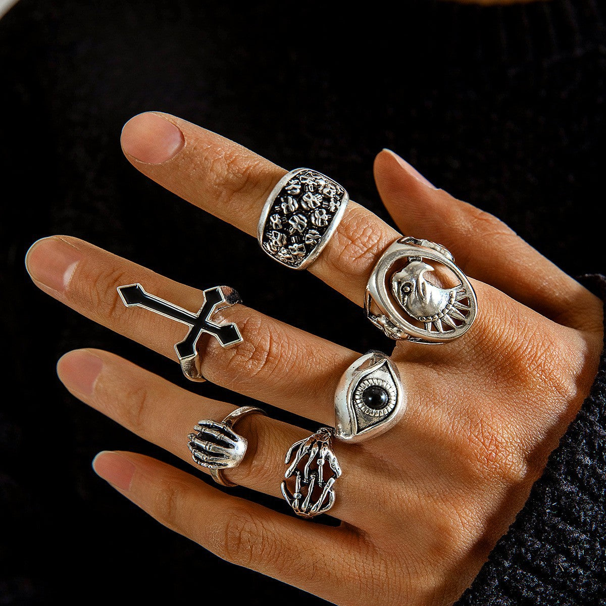 Vintage Geometric Moonstone Ring Set With Sun And Arrow Design