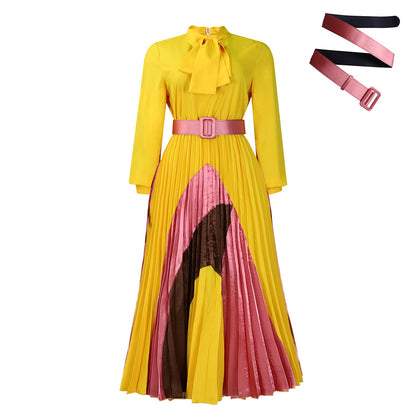 Elegant Color-Block A-Line Dress With Belt