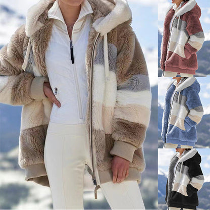 Autumn And Winter Warm Plush Patchwork Zipper Pocket Hooded Loose Coat Women