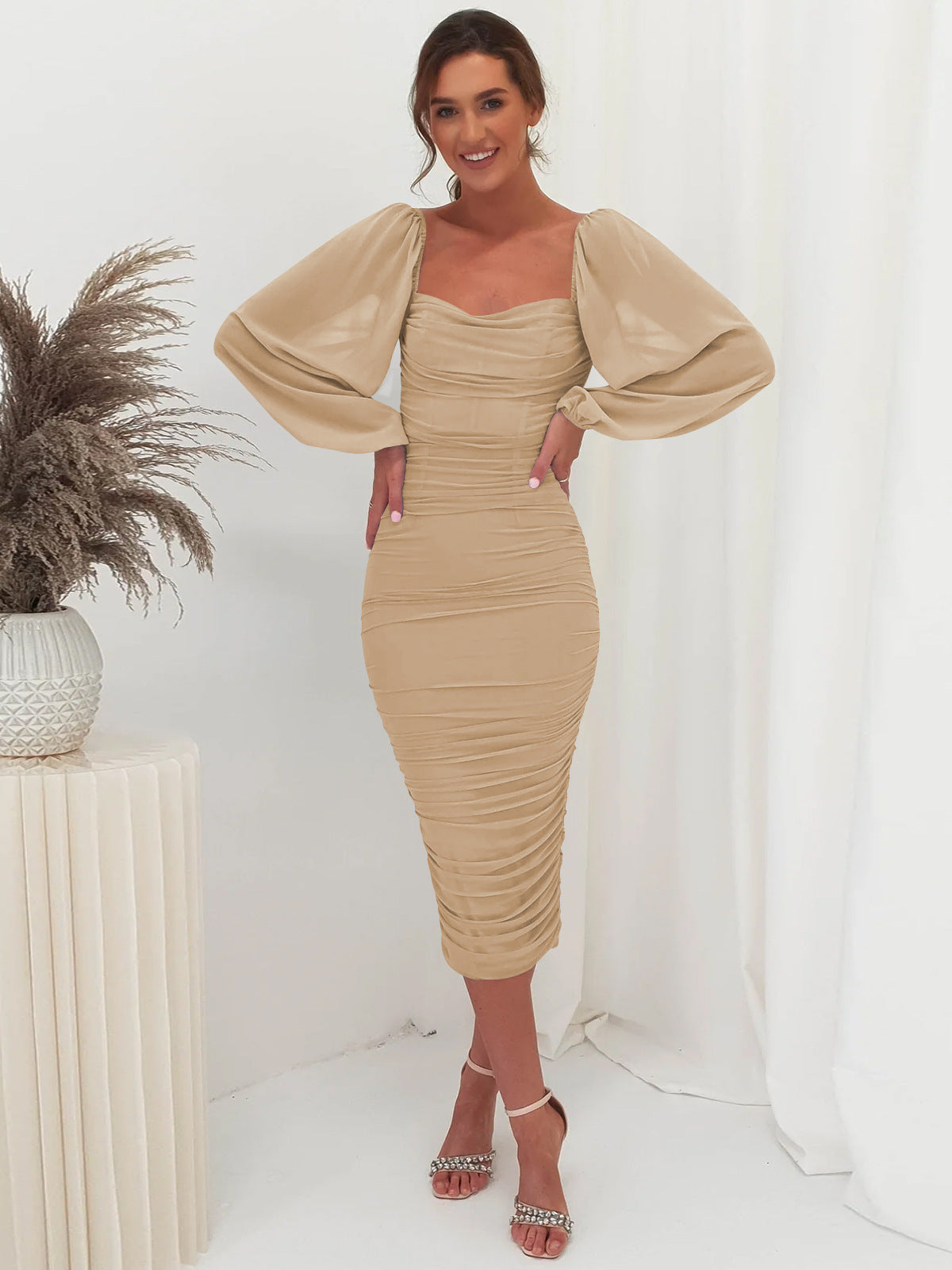 Lace Panel Maxi Dress Elegant Square Neck High Split Cocktail Dress
