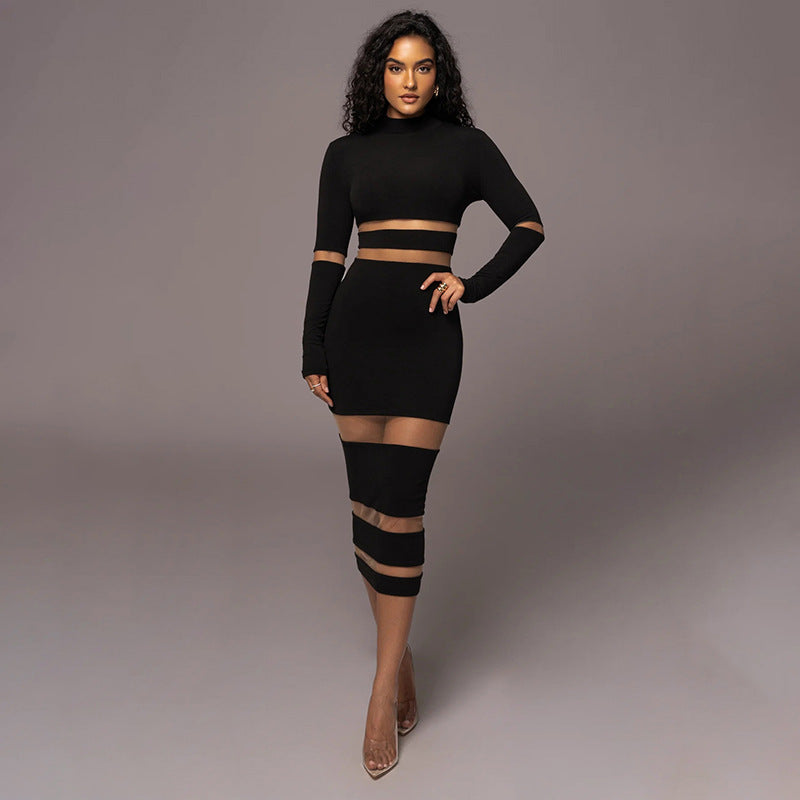 Trendy Elegant High-Neck Color Block Maxi Dress