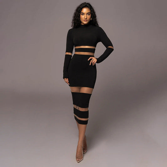 Trendy Elegant High-Neck Color Block Maxi Dress