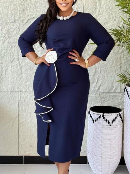Elegant Plus Size Floral Midi Dress With Ruffle Hem