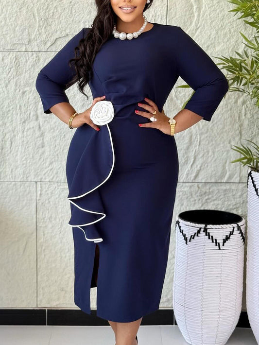 Elegant Plus Size Floral Midi Dress With Ruffle Hem