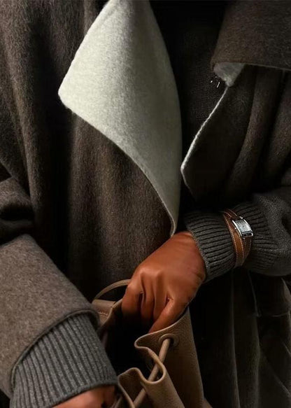 Long Woolen Coat Brown Classic Lapel Design